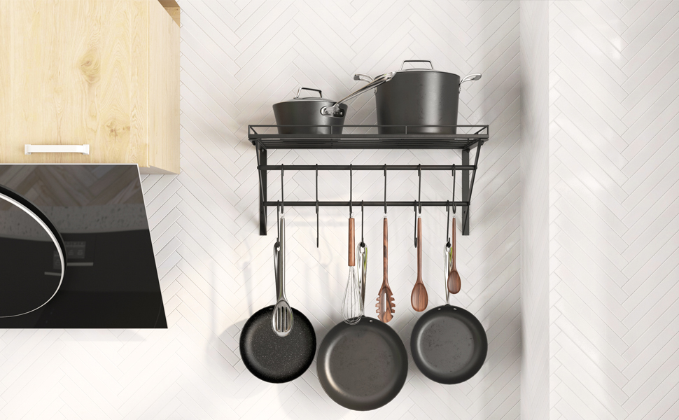 OROPY Pot Rack, 3-Tier Iron Kitchen Shelf, Wall Mount, Pan Holder with 12 Hooks, 60 * 29.5 * 24.5cm, Kitchen Utensil Holder, Kitchen Wall Shelf for Pots and Pans