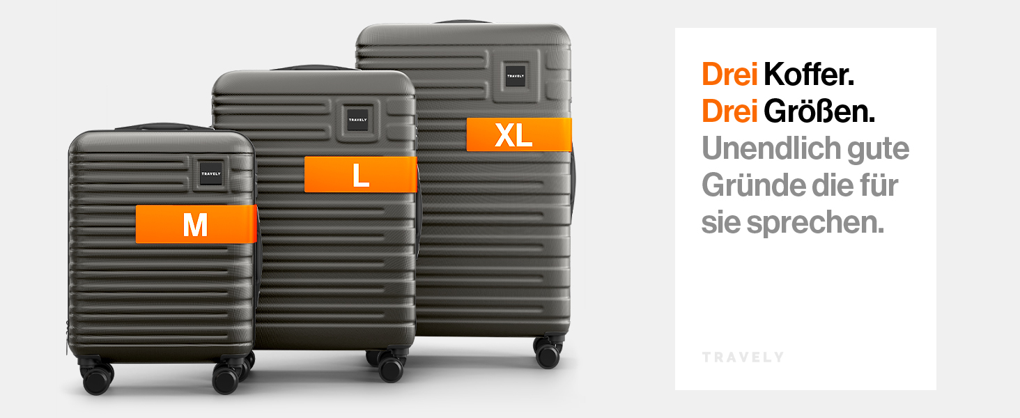 Набір валіз Travely з полікарбонату: 77см, 67см, ручна поклажа, TSA-замок, колір - місячний сірий