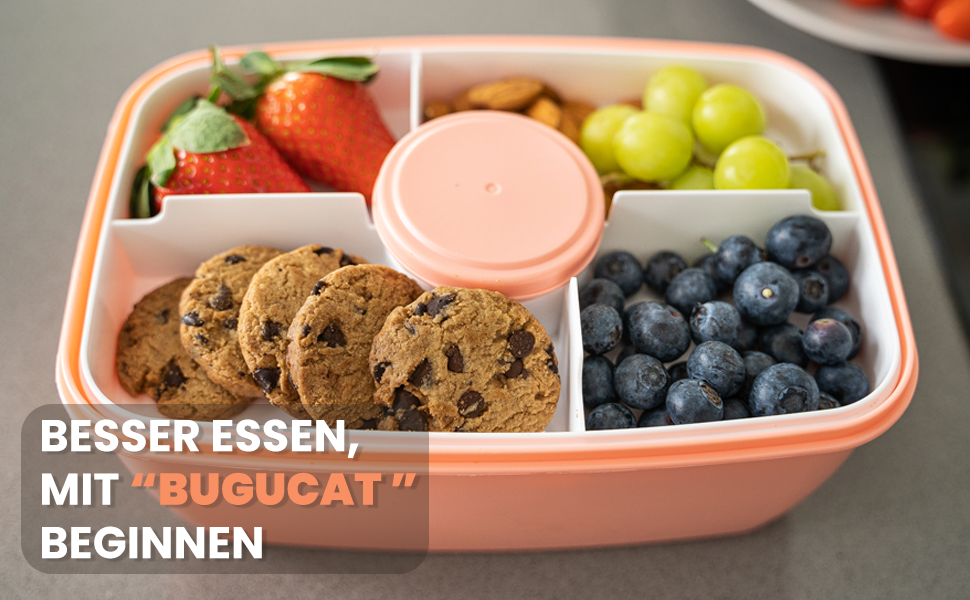 Ланчбокс Bugucat 2000 мл, чорний: герметичний, з відділеннями, для дорослих та дітей, з виделкою, для школи та пікніків