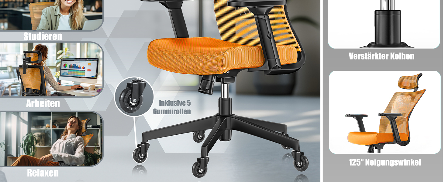 Офісне крісло KESSER® ергономічне з регульованими підлокітниками, підтримкою попереку та підголівником | Крісло для офісу з функцією гойдання до 125° та 5 колесами | Оранжево-чорний колір