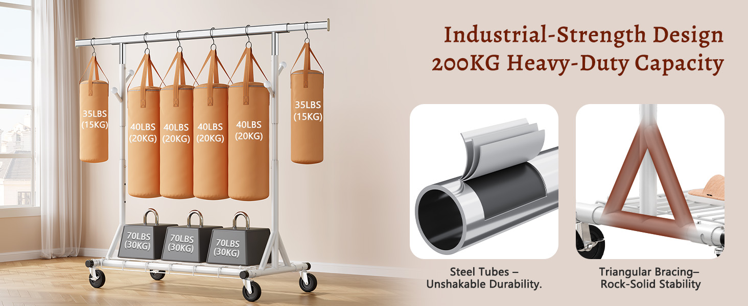 Стійка для одягу на колесах FAVOOOSTY, металева, мобільна, до 200 кг, швидка збірка, білий колір, 1 перекладина