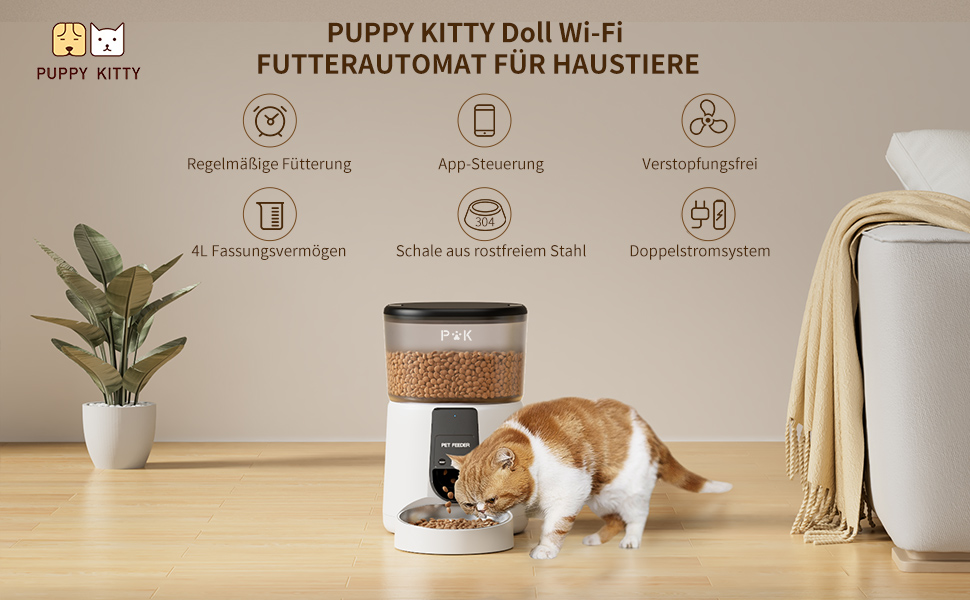 Автоматичний годівниця для котів PUPPY KITTY з камерою 1080P, WiFi, відео, аудіо, нічне бачення, миска з нержавіючої сталі, 1-8 прийомів на день