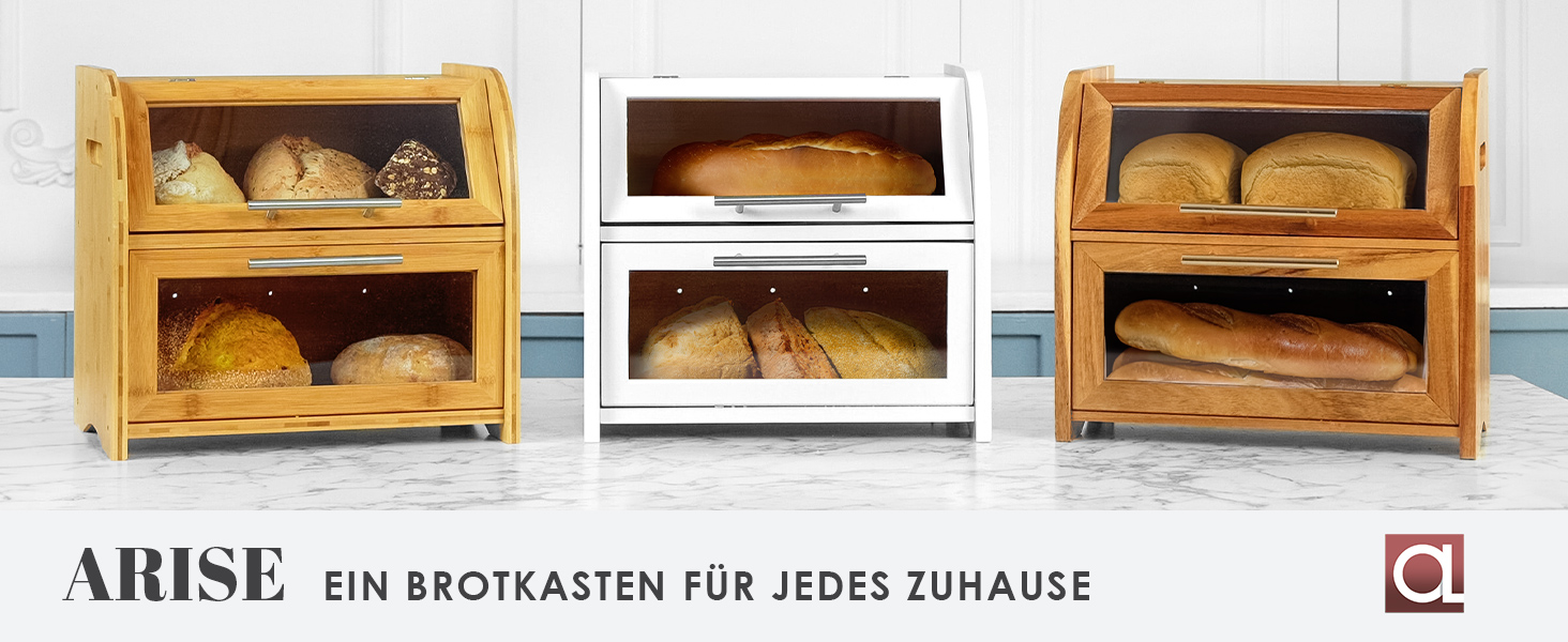 Бредониця Arise з вентиляцією, велика для зберігання хліба, 2 полиці та вікно, дерев'яна для хліба, булок, зберігання. 40 x 26 x 37, бамбук White, самостійна збірка