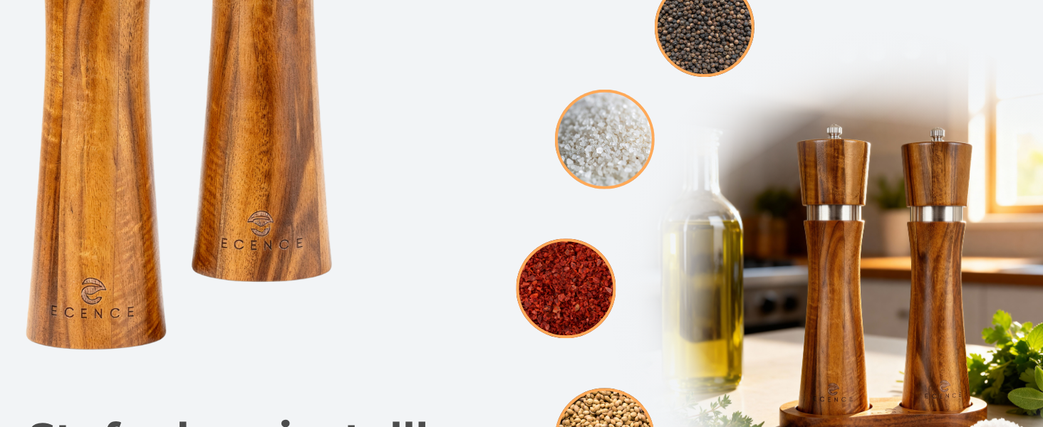 Набір з 2 мельниць для солі та перцю Ecence Holz з акації з керамічним механізмом, пензлик та підставки в комплекті