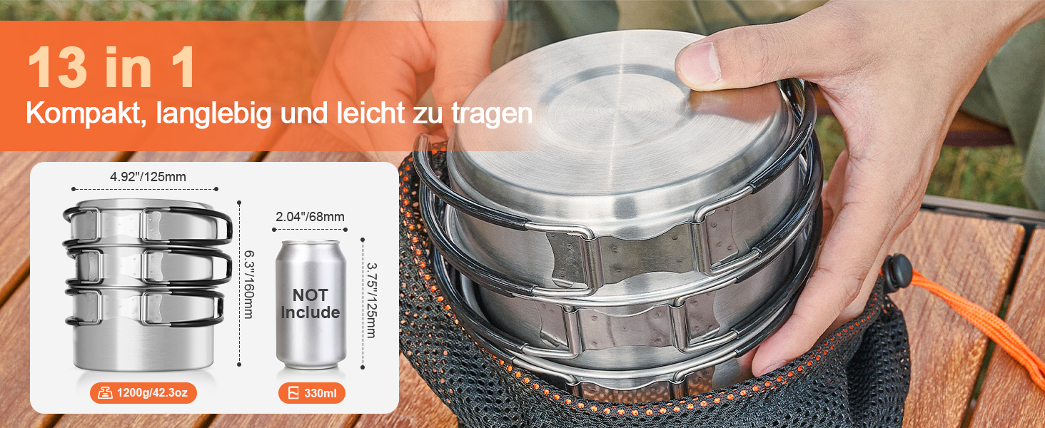 Набір посуду для кемпінгу Odoland з нержавіючої сталі (13 предметів) - посуд для приготування їжі, набір каструль, сковороди, тарілок, мисок, виделок, ножів, ложок для кемпінгу, походів, пікніків