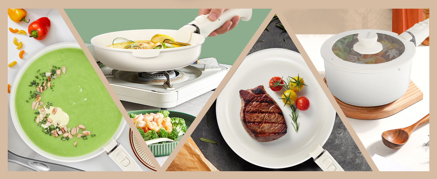 Набір посуду Fohere 16 предметів з керамічним антипригарним покриттям та знімними ручками, для індукційних плит, з кришками