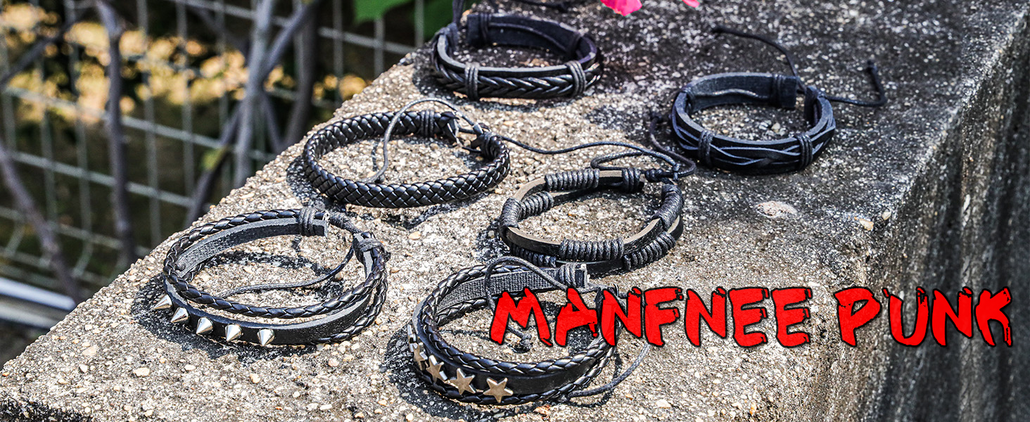 Плетені шкіряні браслети Manfnee (6 шт.) з дерев'яними намистинами для чоловіків та жінок, регульовані