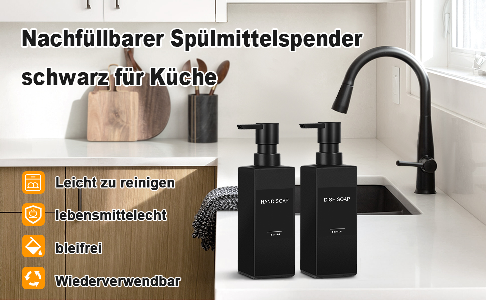 Дозатор для мила GMISUN для ванної кімнати та кухні, 350 мл, чорний скляний диспенсер з піддоном та водонепроникними етикетками (2 шт)