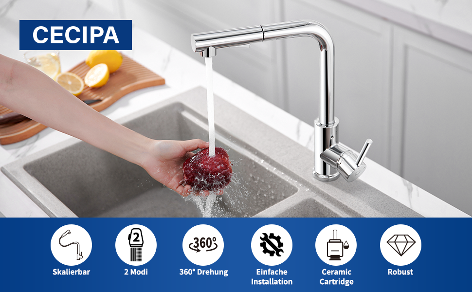 Змішувач кухонний висувний CECIPA з донним виливом, нержавіюча сталь, 2 режими, 360° оберт, матовий, для кухні