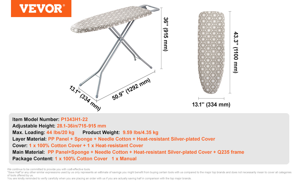 Гладильна дошка з парогенератором VEVOR, 2 шт., з підставкою для праски, розкладний стіл з 4 шарами, 1100 x 334 мм, 7 рівнів висоти (715–915 мм), вантажопідйомність 20 кг, бежевий