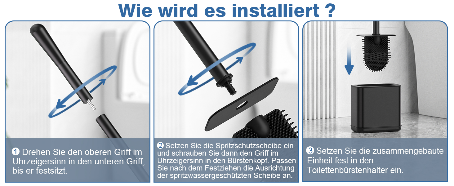 Набір для чищення унітазу FUNPALA з нержавіючої сталі та силікону, 2 насадки, тримач, чорний