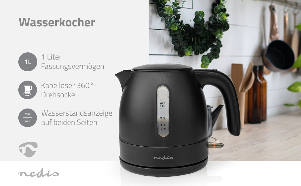 Чайник електричний 1.0 л, пластик, чорний, поворотний на 360°, прихований нагрівальний елемент, Strix Controller, захист від перегріву, колір синій