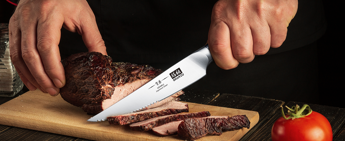 Набір ножів SHAN ZU 16 предметів з блоком: Японський набір кухонних ножів з нержавіючої сталі, серія Genbu, ергономічні ручки, чорний черепаховий колір, включає набір стейк-ножів