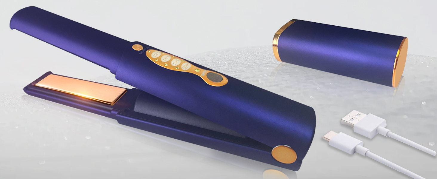Бездротове праска для волосся з акумулятором 5000mAh, титанова поверхня, 2-в-1 (випрямляч та локони), міні, для подорожей, 3 температурні режими, швидкий нагрів, для всіх типів волосся (білий, блакитний)
