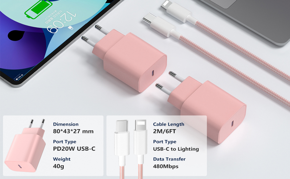 Зарядний пристрій 20W USB-C з кабелем Lightning для iPhone 14/13/12/11/X/XR/XS/Mini/SE - 2 шт, Рожевий
