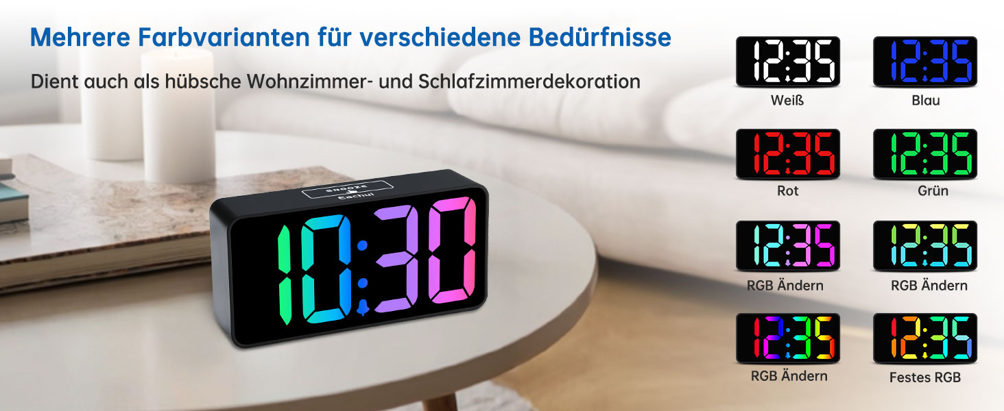 LED-годинник Eachui з USB-зарядкою, великий дисплей, регулювання яскравості та гучності, функція повтору, 12/24 год, цифровий годинник, живлення від мережі (чорний & білий)