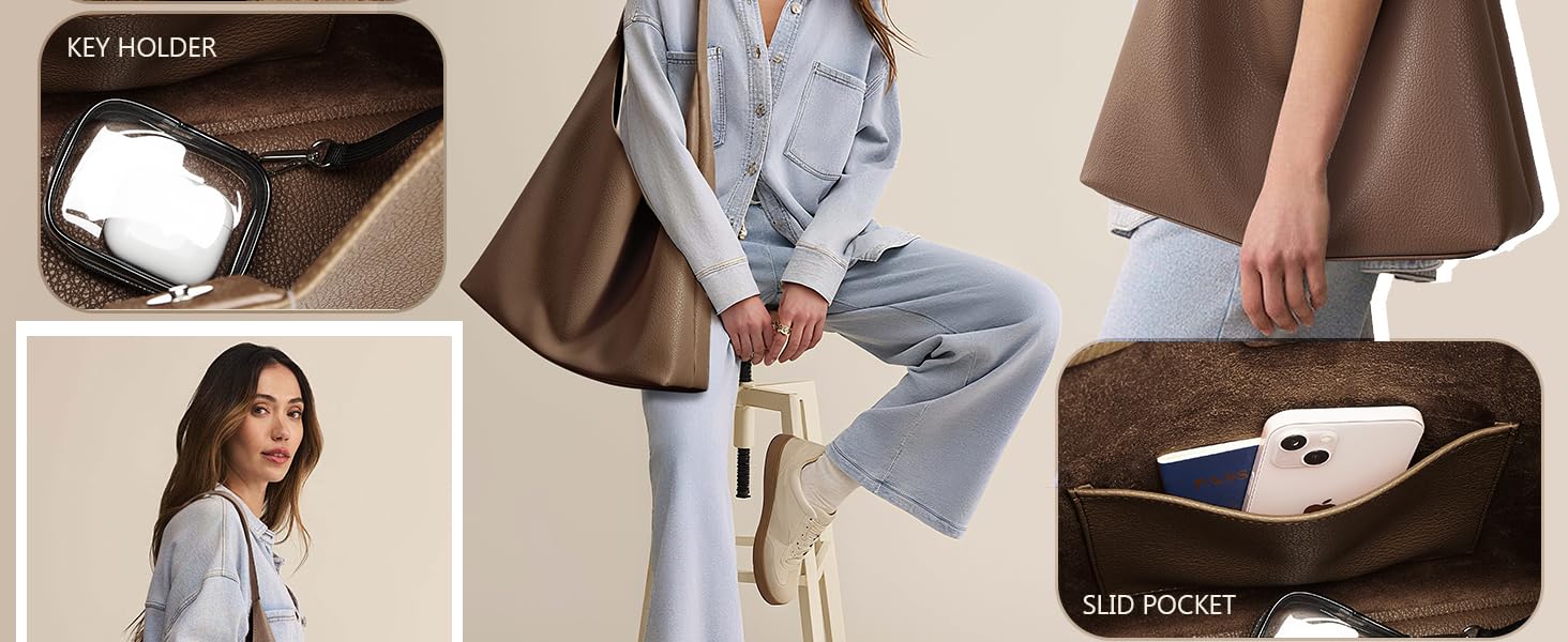 Сумка жіноча KALIDI Shopper Hobo з PU шкіри вінтажна, велика для роботи, школи, повсякденного використання, застібка - кнопка, колір кави