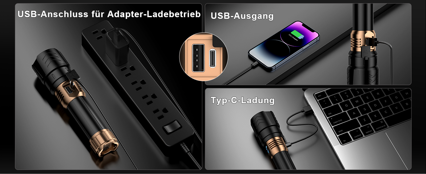 Ліхтар налобний LED Skyfire 900000 Люмен з лінзою для розпалювання вогню, USB-зарядка, 4 режими яскравості, Zoom, для кемпінгу, надзвичайних ситуацій та походів (чорне золото)