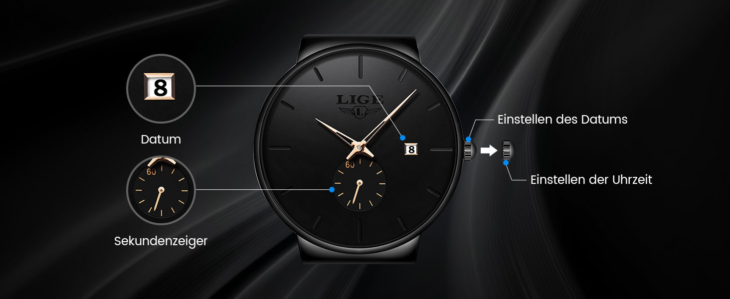 Годинник чоловічий LIGE Retro з нержавіючої сталі, водонепроникний, вінтажний, кварцовий, з датою, для бізнесу та повсякденного носіння. Чоловічі годинники (Золотий, Чорний)