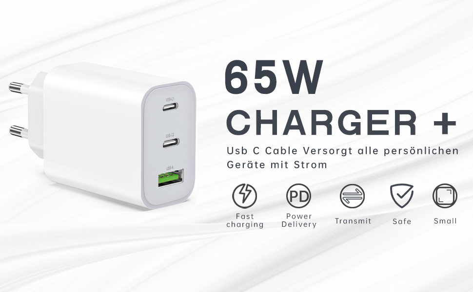 Зарядний пристрій USB-C 65W 3-порти, мережевий адаптер PD для MacBook Pro/Air, iPhone 16/15/14/13, iPad, Samsung S24, Pixel (Білий)