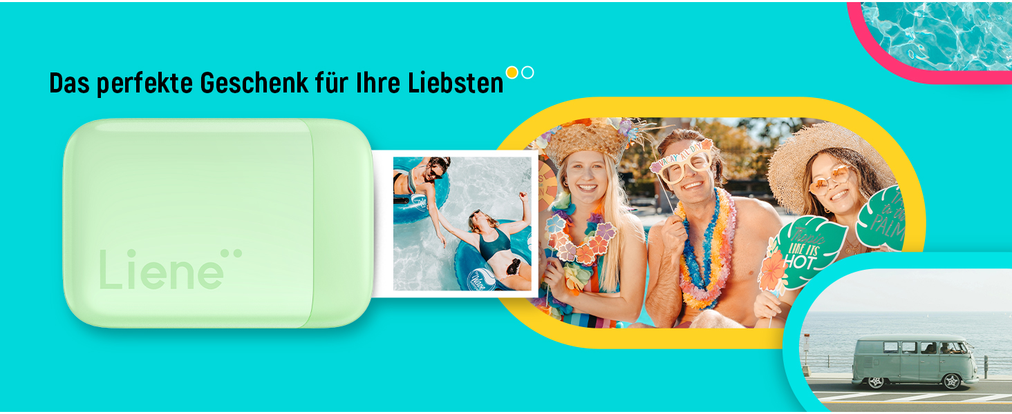 Портативний фотодрук Liene Pearl K100 Mini для смартфонів (5x7 см) - з 50 аркушами Zink фотопаперу з клейкою основою, Bluetooth, 300DPI, сумісний з iOS & Android, вбудований акумулятор, білий/зелений