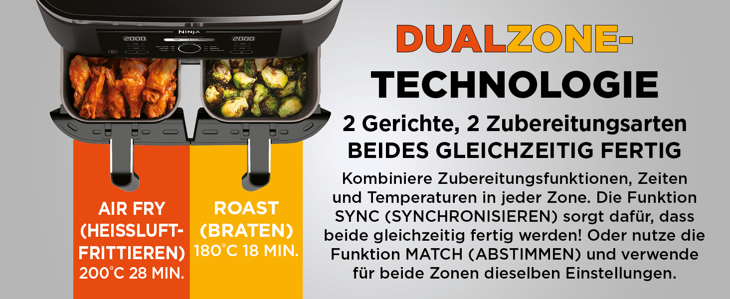 Фритюрниця Ninja Dual Zone Digital Air Fryer DZ400EU, 9.5L, 6-в-1, 2 відсіки, металевий сірий, для смаження, запікання, підігріву