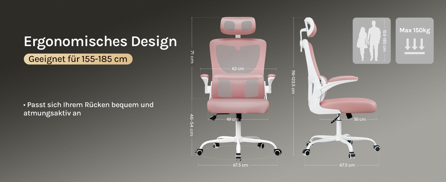 Офісний стіл Woltu: ергономічне крісло з функцією гойдання, регульована підголовник, обертові підлокітники, підтримка попереку, 150 кг, Рожевий