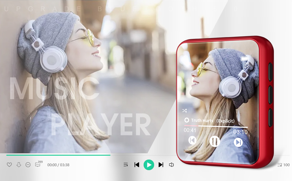 MP3 плеєр 32GB Bluetooth 5.0 з сенсорним екраном, HiFi, радіо, диктофон (червоний)