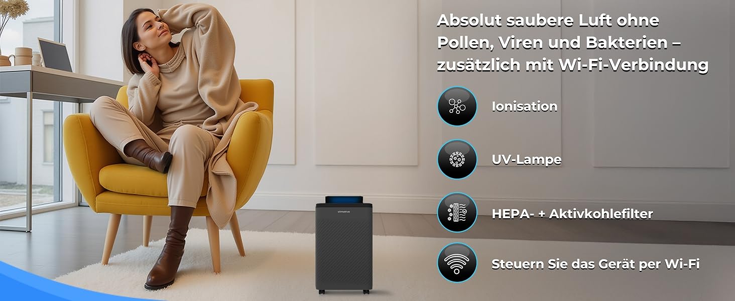 Електричний осушувач повітря Climative ION 12L/24h з Wi-Fi та очищувачем повітря для дому, квартири, ванної кімнати. Осушувач повітря для захисту від вологи та плісняви до 20м² (Nexi 24)