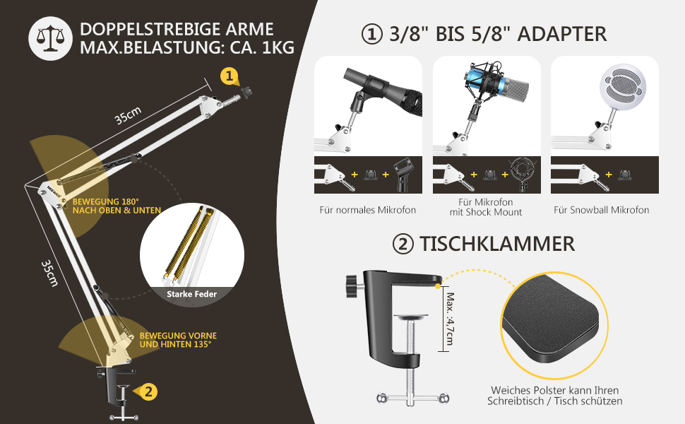NEEWER Регульований мікрофонний стійка з підвісом, максимальне навантаження 1 кг, для радіо, телебачення, студійного запису та подій, сумісний з Blue Yeti Snowball Yeti X (білий)