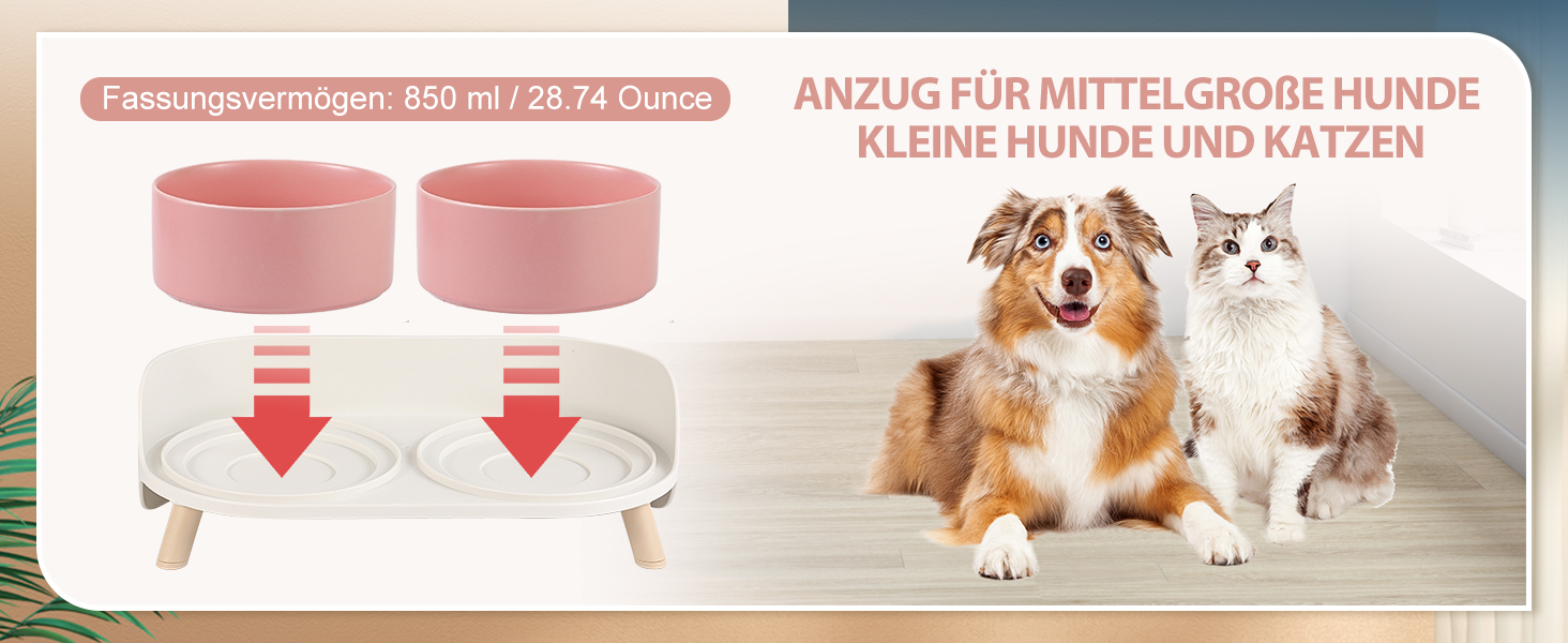 Набір мисок для собак з кераміки - 2 шт. з антиковзним підставкою - годівниця для собак та котів, рожевий колір