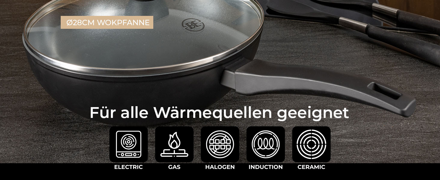 Набір сковорідок Be Living Delight 4 шт. (20/24/28 см + вок 28 см з кришкою), антипригарне покриття з кераміки, для індукційних плит, без PTFE та PFOA, чорний