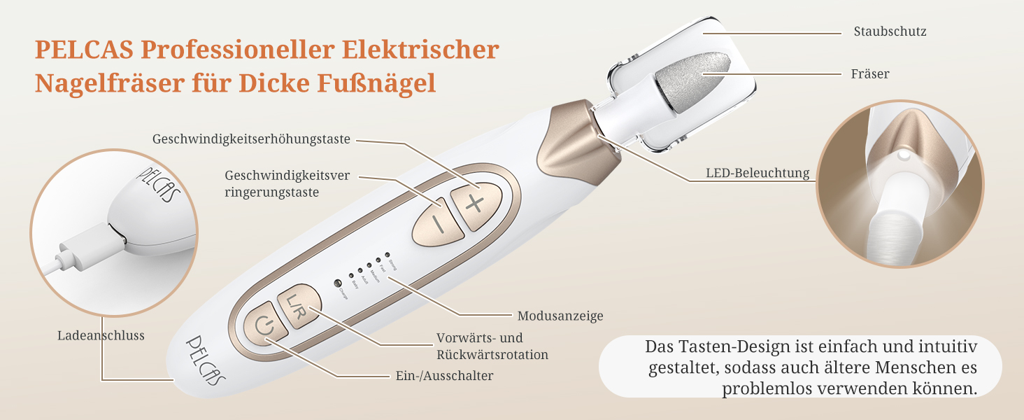 Електричний фрезер для ніг PELCAS з LCD дисплеєм: професійний набір для манікюру та педикюру, акумуляторний, для товстих нігтів та кутикули, біле золото