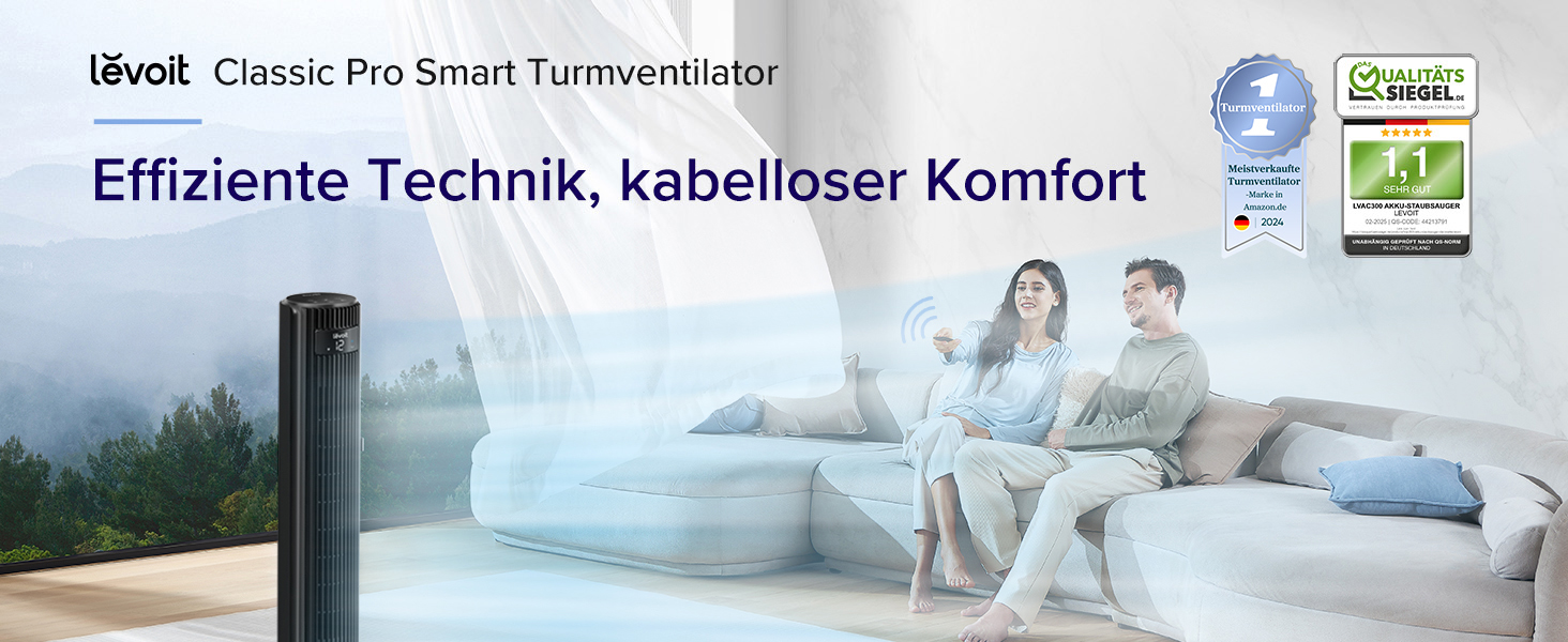 Вентилятор Levoit - Турбовентилятор з охолодженням, з пультом дистанційного керування, з режимом сну, 5 швидкостей, 4 режими, таймер 12 год, сірий, висота 92 см