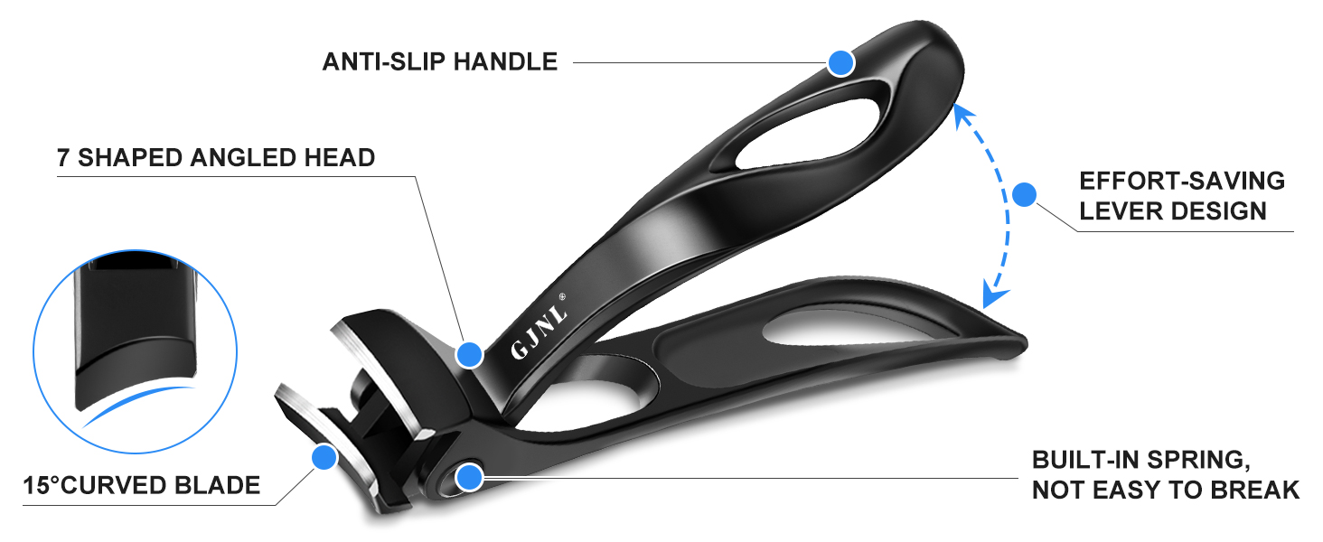 Ножиці для товстих нігтів, кутовий гострий нігтьовий кліпер для ніг з контейнером для чоловіків, довга ручка, вигнута леза (чорний)