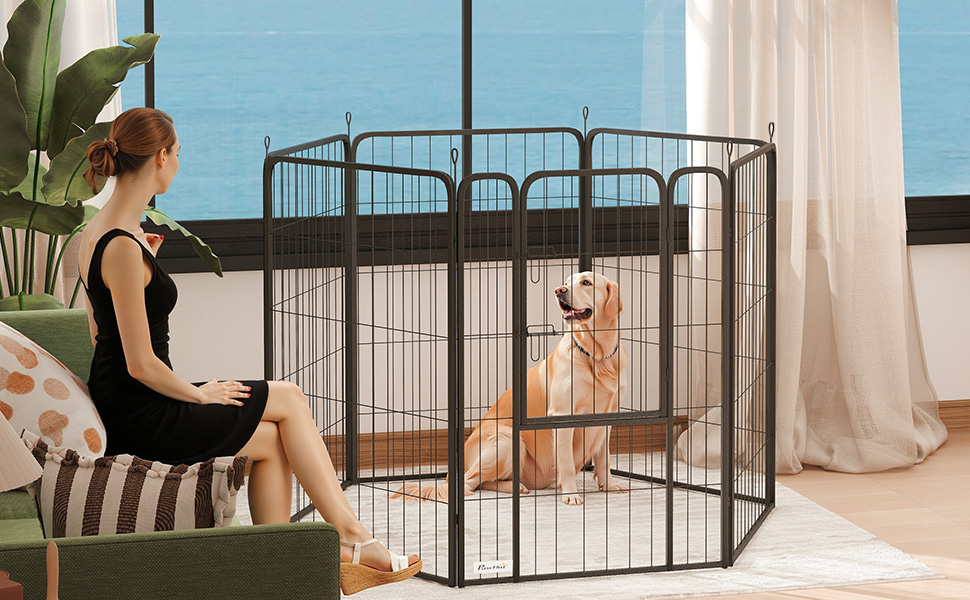 PawHut Вольєр для цуценят 6-гранний, з 6 секцій, дверцятами, захисним тентом, 100 см, для собак та котів, для дому та вулиці