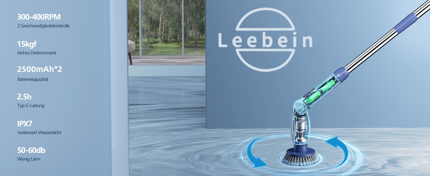 Електрична щітка для чищення Leebein 2023, 8 змінних насадок, регульована ручка 37-130 см, 2 швидкості, для ванної, кухні, авто