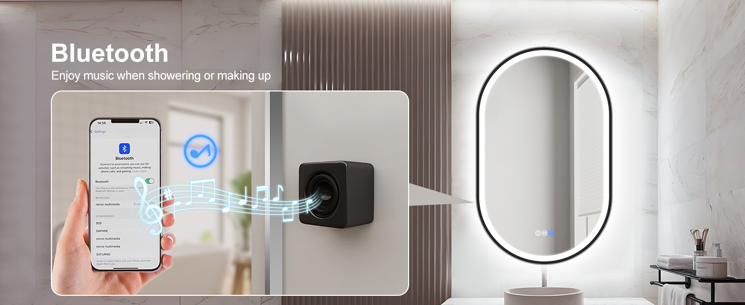Дзеркало для ванної кімнати LED Starlead Munich 90x60 см з підсвічуванням, Bluetooth, регулюванням яскравості, 3 кольори світла, антизапарник, функція пам'яті, HD скло, IP44, горизонтальне/вертикальне встановлення, без рамки