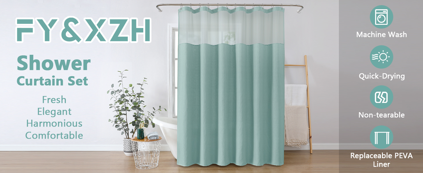 Завіса для душу з тканини вафельного плетіння FY&XZH з гачками, важка, водонепроникна, з покриттям TPU, стиль готелю з сітчастим віконцем, 2 гачки, стійкі до корозії (Зелений, 83 x 83 см)