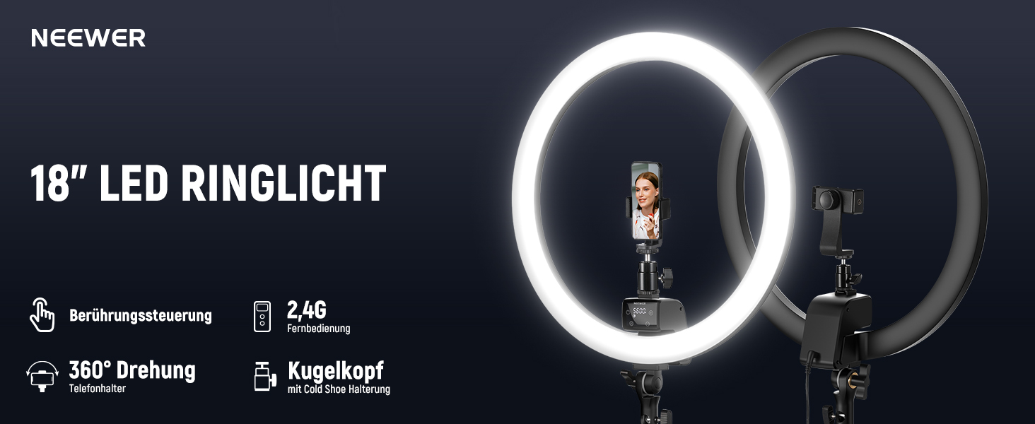 NEEWER Кольцеве світло 20 дюймів LED з триподом та тримачем для телефону, 44 Вт, 3200K-5600K, з акумулятором, USB-живлення для макіяжу, тату, вій, YouTube, TikTok, відеозйомки (SRP18-2.4G)