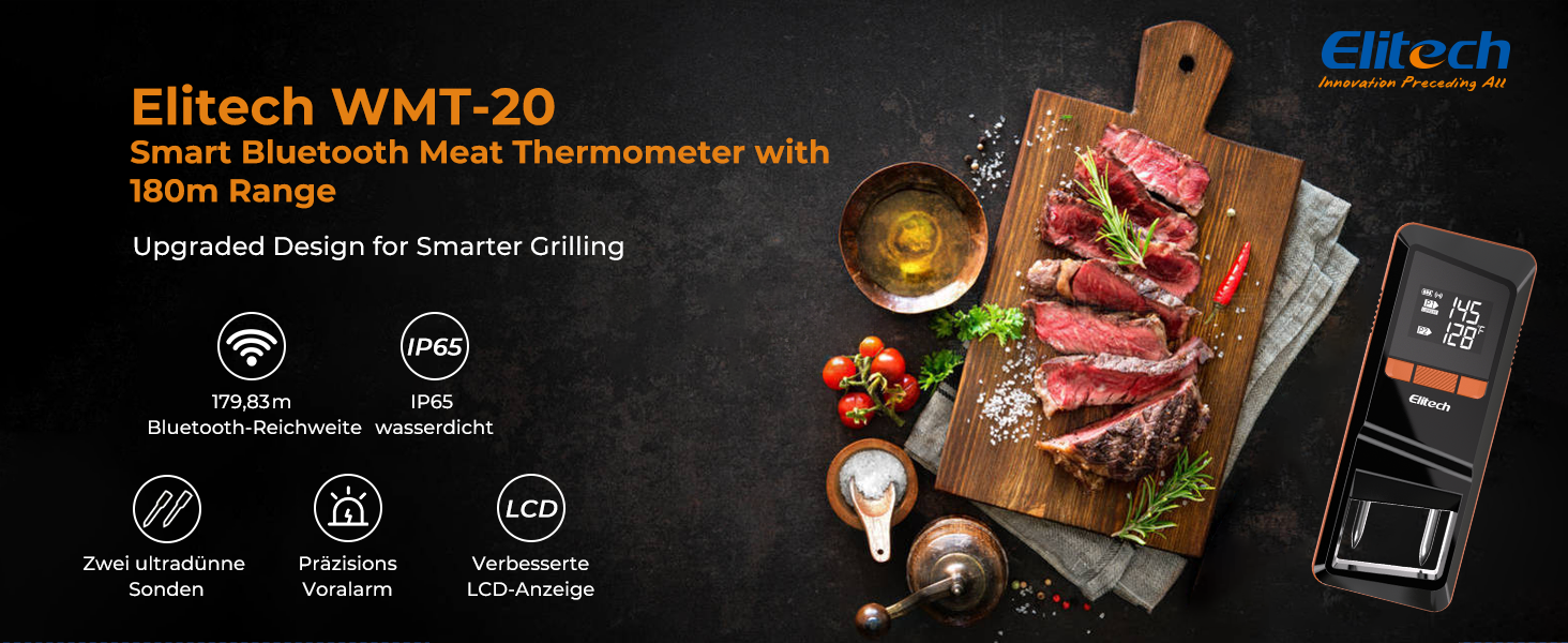 Bluetooth термометр для м'яса Elitech з двома зондами, IP67, 0-300°C, для гриля, духовки, ротисерії, фритюрниці, кухні