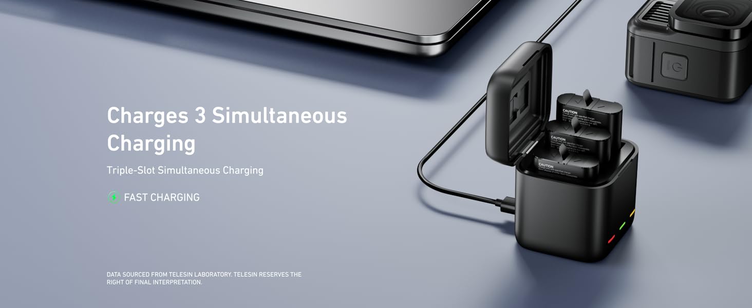 Акумулятори TELESIN 2 шт. з зарядним пристроєм для GoPro Hero 13 Black, сумісні з оригінальними акумуляторами, тризарядний USB-чохол з Type-C кабелем, акумуляторна сумка для Go Pro 13 Black