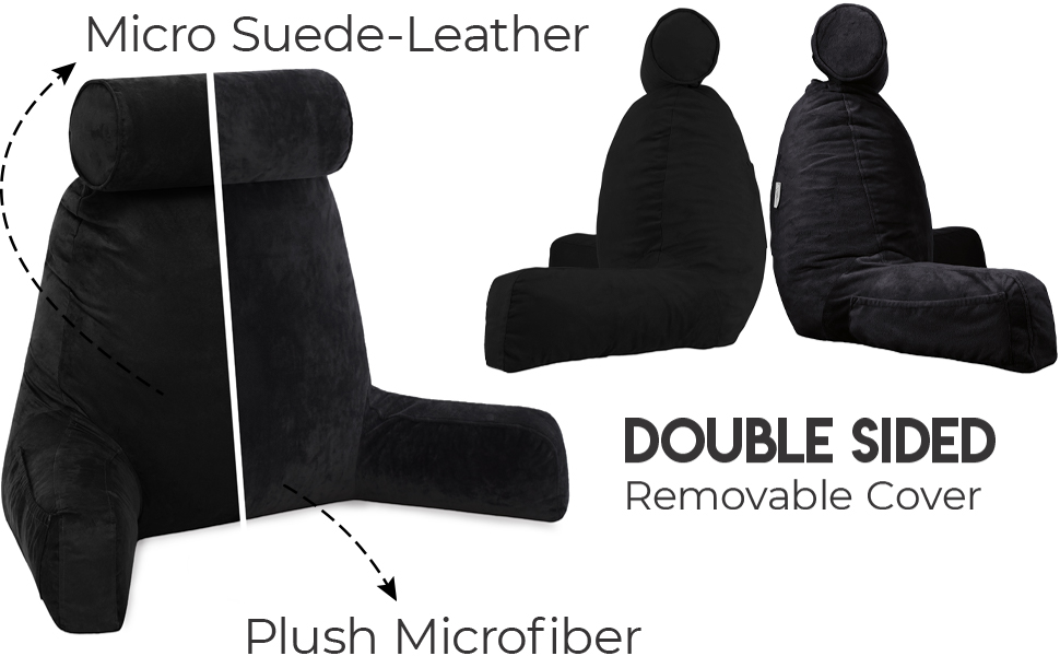 Подушка для чоловіків з підлокітниками - велика, для читання та відпочинку в ліжку. Висока спинка, преміум піна з пам'яті, знімна подушка для шиї на еластичному шнурі. Чорний колір, лише чохол.