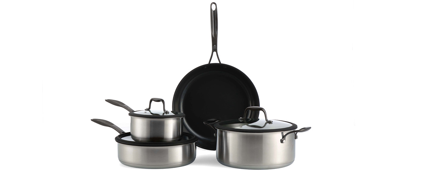 Набір посуду BK Ceramic Black 7-piece з нержавіючої сталі з керамічним антипригарним покриттям без PFAS, чорний. Ідеально для приготування їжі на індукційних плитах, безпечний для миття в посудомийній машині та використання в духовці.