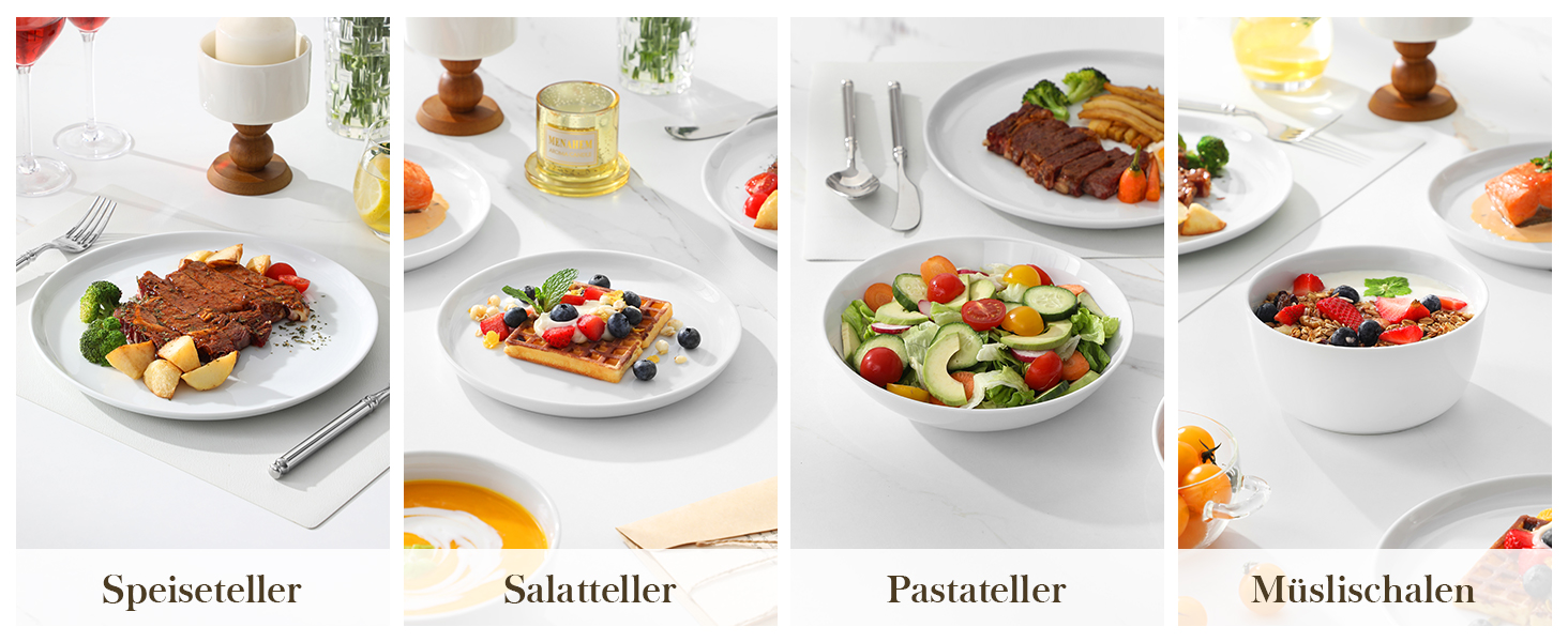 MALACASA Набір посуду 48 предметів, порцеляновий набір тарілок та мисок, сервіз на 12 осіб, білі їдальні тарілки та миски, круглий набір посуду, придатний для миття в посудомийній машині та мікрохвильовій печі, серія LEXI 48 предметів білий