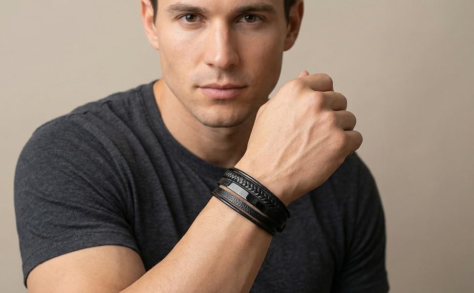 Чоловічий шкіряний браслет Lederarmband Schwarz з магнітним застібкою, регульований (19.5-23 см)