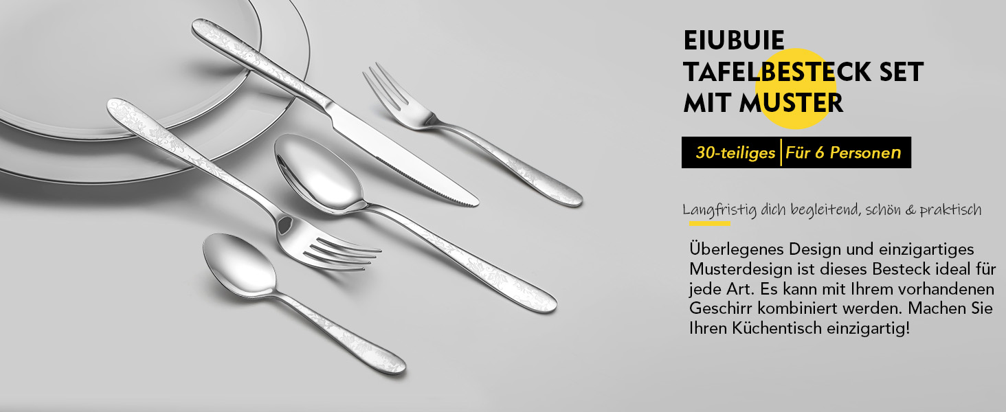 Набір столових приборів EIUBUIE з нержавіючої сталі 30 предметів, з квітковим малюнком, полірований, для 6 осіб, для дому та вечірок, можна мити в посудомийній машині