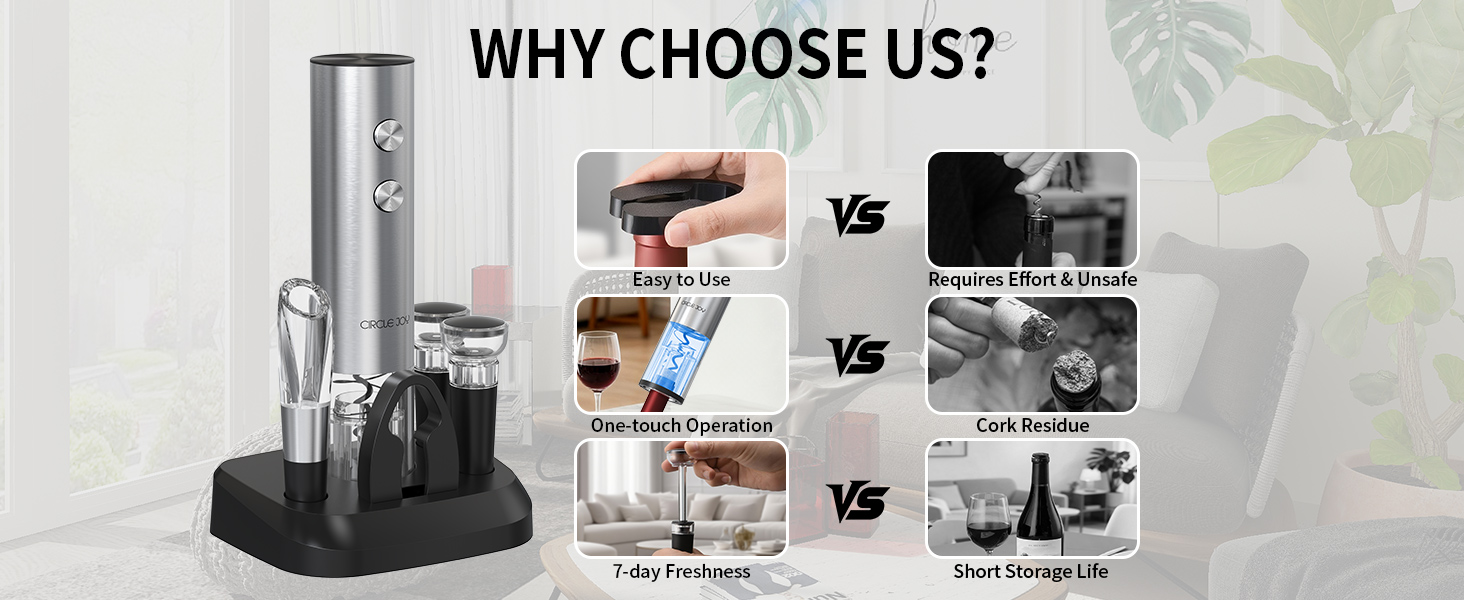 Електричний відкривачка вин CIRCLE JOY 6-в-1 з зарядною станцією, набір з нержавіючої сталі, з різаком фольги, аератором та 2 вакуумними закривачами