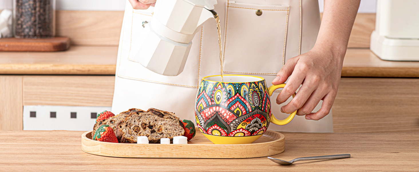 Набір чашок з порцеляни, керамічні чашки капучино/кружки - 600 мл, посуд для 6 осіб, набір чашок для кави - богемний стиль