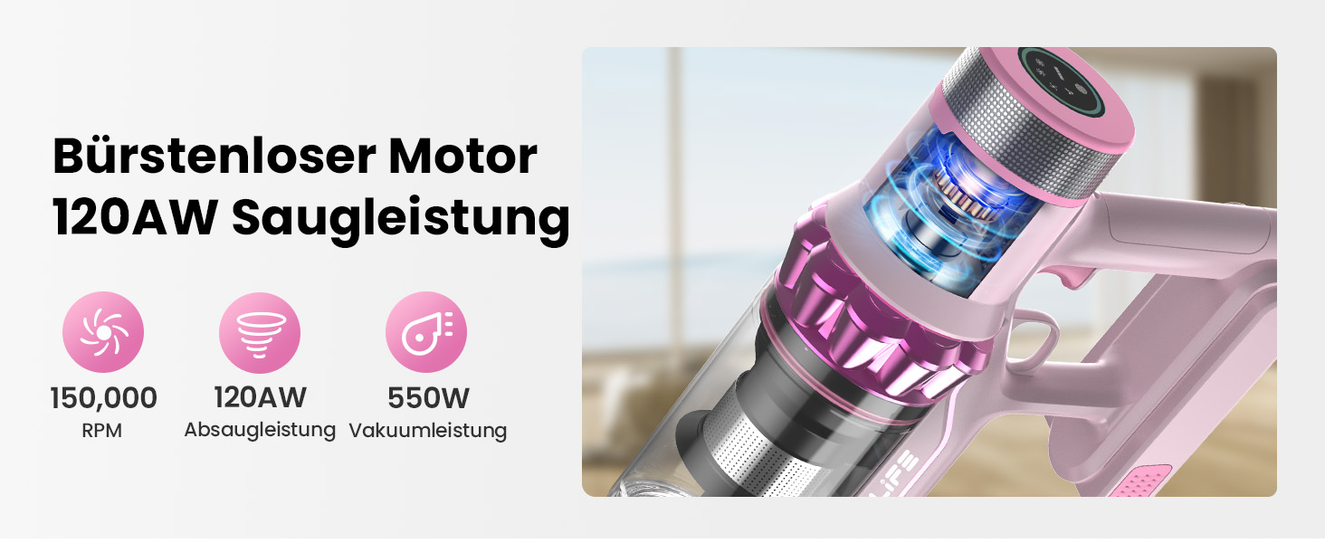 Бездротовий пилосос Belife Akku: потужний, 6-в-1, для тварин, килимів, твердих поверхонь, LED-дисплей, 45 хв роботи, 45000Pa, 550W, безщітковий мотор (рожевий)